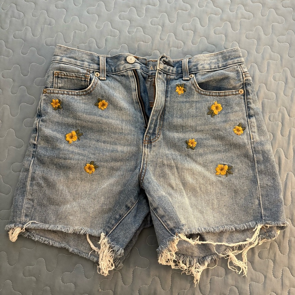 American Eagle Outfitters Blue Jean Shorts with Yellow Floral Embroidery